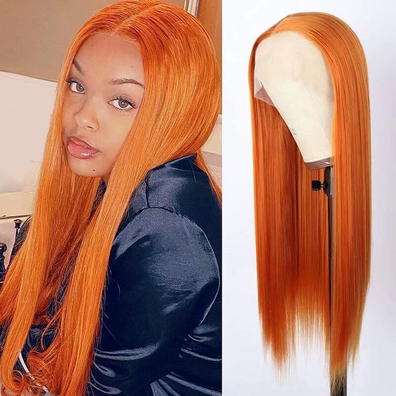 Amazon Cross-Border New Wig Fashionable Middle-Parted Lace Orange Long Straight Hair Chemical Fiber Headgear Lace Wigs Amazon Cross-Border New Wig Fashionable Middle-Parted Lace Orange Long Straight Hair Chemical Fiber Headgear Lace Wigs