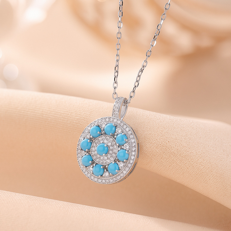 Mặt dây chuyền bạc S925 mạ vàng đá turquoise hình bát bảo la bàn phong cách tân trung hoa — Mẫu bạc - Mặt dây chuyền đơn (không kèm dây)