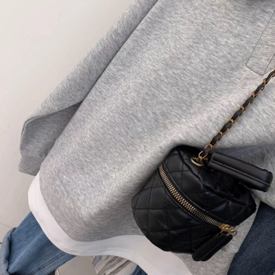 Grey Shoulder Polo Collar Fake Two-piece Sweatshirt Women's Spring and Autumn Lazy Style Loose Slimming Pullover Long-sleeved Lapel Top