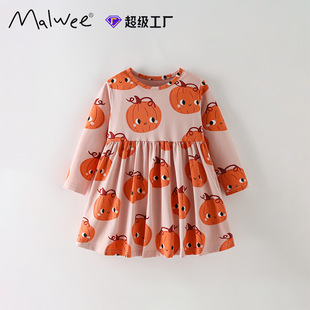 Cross-Border Malwee Girls Princess Dress Cute Girl Autumn and Winter New European and American Small and Medium-Sized Kidsren's Round Neck Long-Sleeved Dress