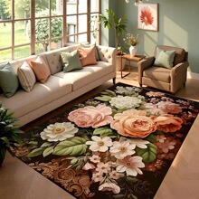 跨境复古黑底花卉玫瑰油画风轻奢个性防滑法兰绒地垫家居地毯装饰