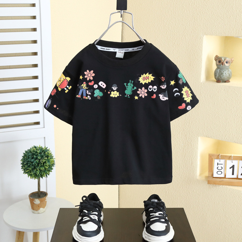 8166 Camiseta de dibujos animados de verano para niños de manga corta para niños 2025 Nuevo top de moda suéter de media manga para bebés 3