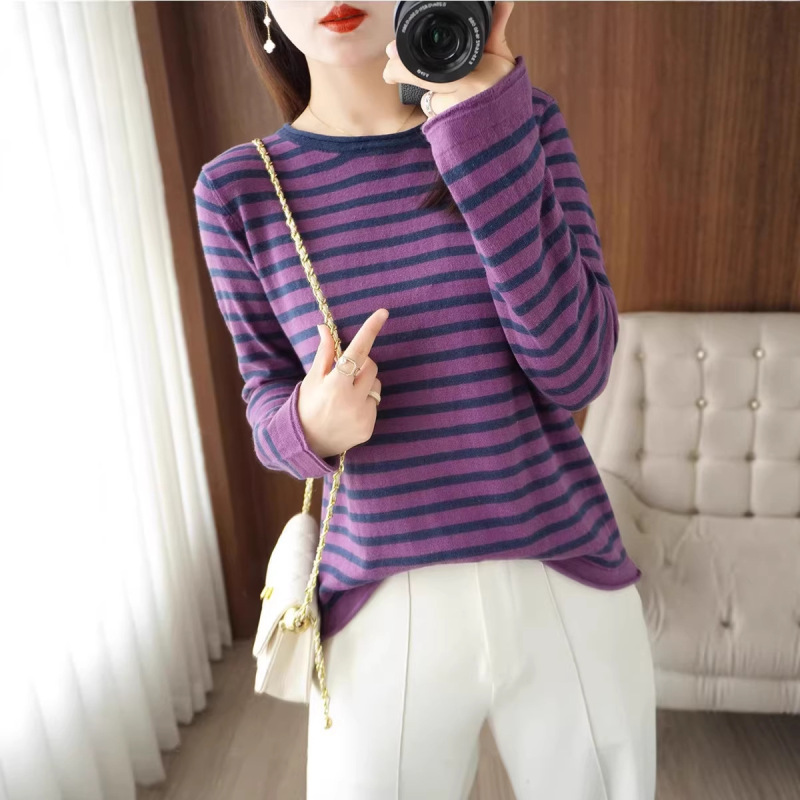 Spring and Autumn New Style Pure Cotton Round Neck Striped Rolled Edge Knit Shirt for Women, Versatile All-Cotton Long-Sleeve T-Shirt, Loose Base Layer Top