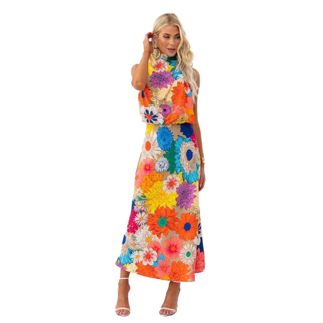 Summer Season Women's Gender Wholesale Women's Vacation Flower Holiday Round Neck Sleeveless Sheath Dress