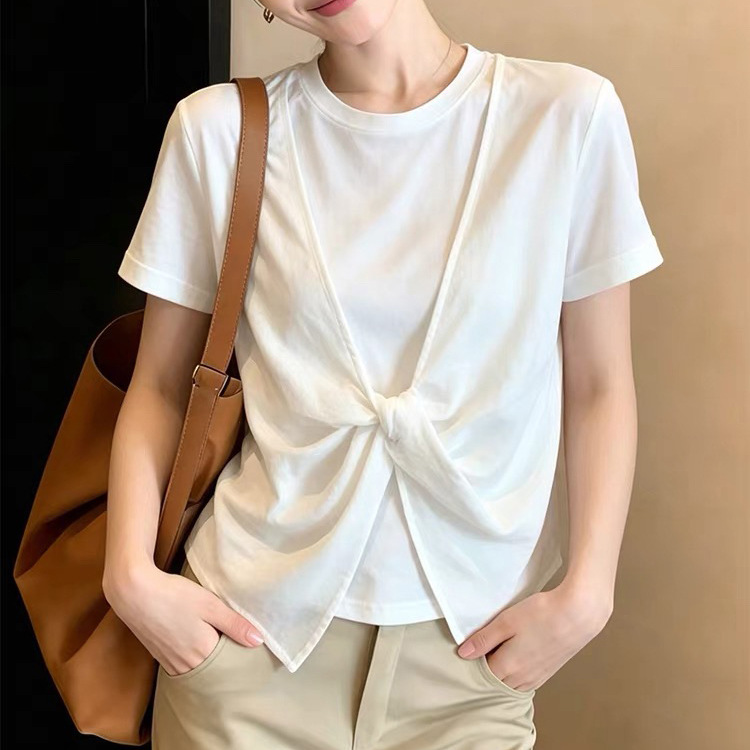 In Stock: White Bow-Knot Twisted T-Shirt for Women, Summer Niche Style, Irregular Tie Waist, Slimming Short-Sleeve Top