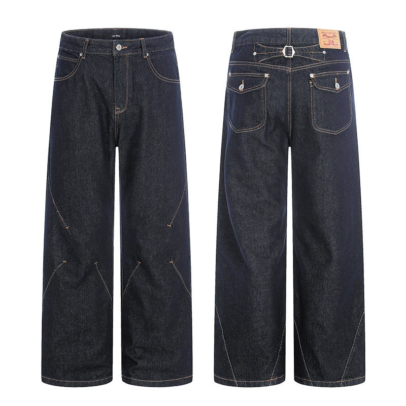 Tuochuan Ck3597 American Retro Raw Denim Blue Jeans for Men and Women with Visible Stitching, Unique Waist Buckle, Slimming Loose Casual Pants