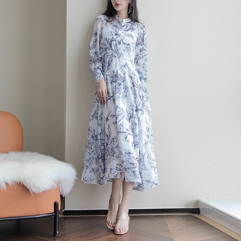 2026 New French Style Spring and Autumn Dress with Chinese Ink Painting Print, Slim-Fit Waist, High-End Elegant Dress