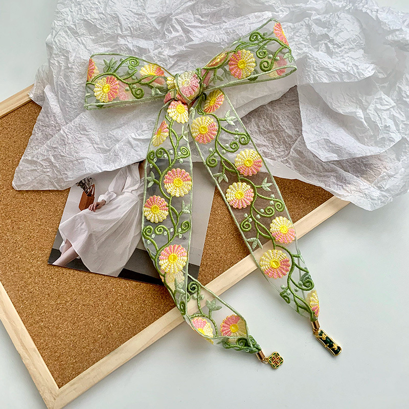 Pañuelo de seda, banda larga, sensación de alto nivel, temperamento de nicho, estilo étnico, bordado floral, bufanda de seda de encaje, cinta para el cabello de nuevo pañuelo en la cabeza
