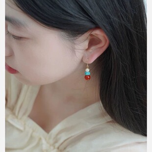 Niche Light Luxury High Sense Blue Turquoise Red Agate Pearl Earrings 14k Gold Ear Hook New Chinese Art 83
