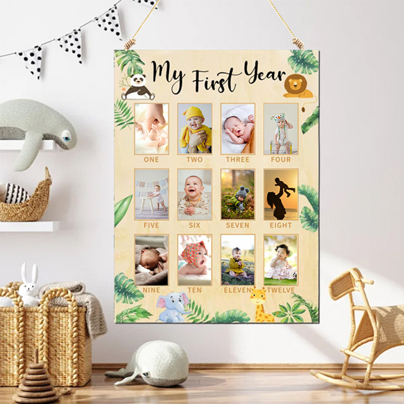 Tablero conmemorativo de hito de crecimiento de recién nacido de madera transfronteriza, pared de fotos de registro de crecimiento de bebé, foto de madre e hijo