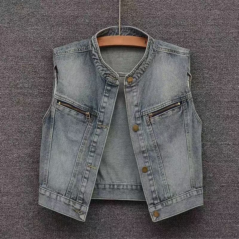 Vintage Denim Vest for Women, Summer 2026 Thin Style Biker Workwear Stand Collar Sleeveless Top Vintage Denim Vest for Women, Summer 2026 Thin Style Biker Workwear Stand Collar Sleeveless Top