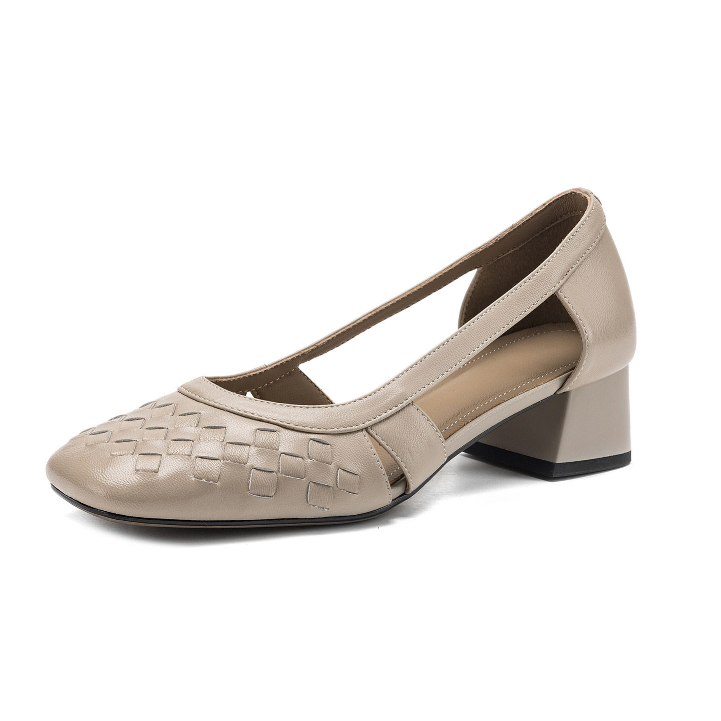 Giày sandal nữ mũi vuông gót thấp 3 cm, da cừu, hở mũi, phong cách thời trang — đen