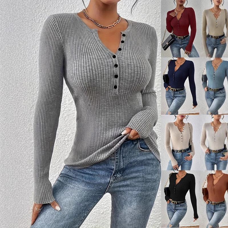 European and American Cross-Border Women's Knitted Sweaters Amazon Foreign Trade Solid Color Slimming Versatile Long-Sleeved Pullover Sweaters
