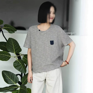 松弛感韩系条纹短袖撞色口袋圆领宽松上衣2026夏季休闲通勤T恤女