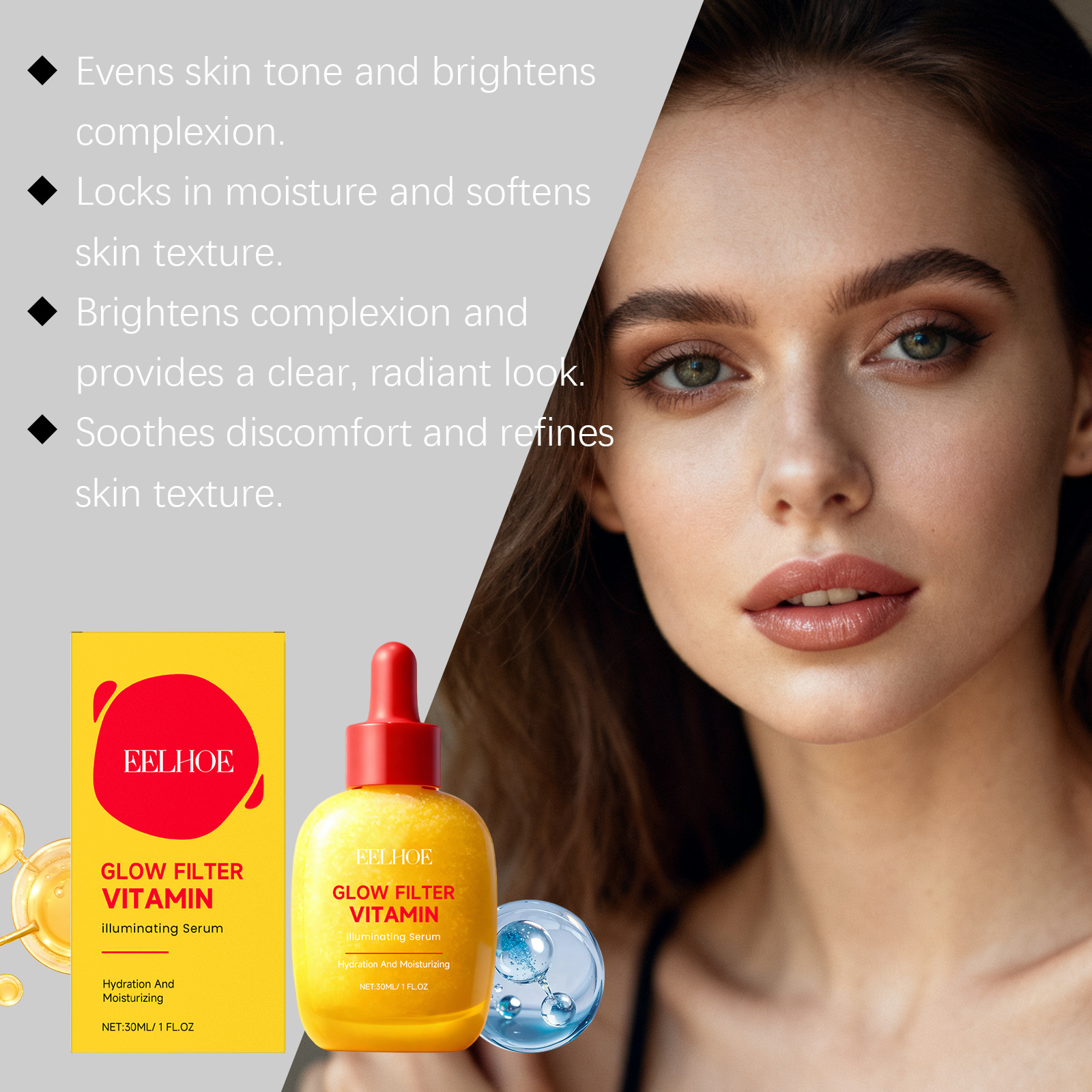EELHOE Vitamin Essence Liquid Hydrating Nourishing Brightening Facial Skin Moisturizing Elasticity Skin Care Serum