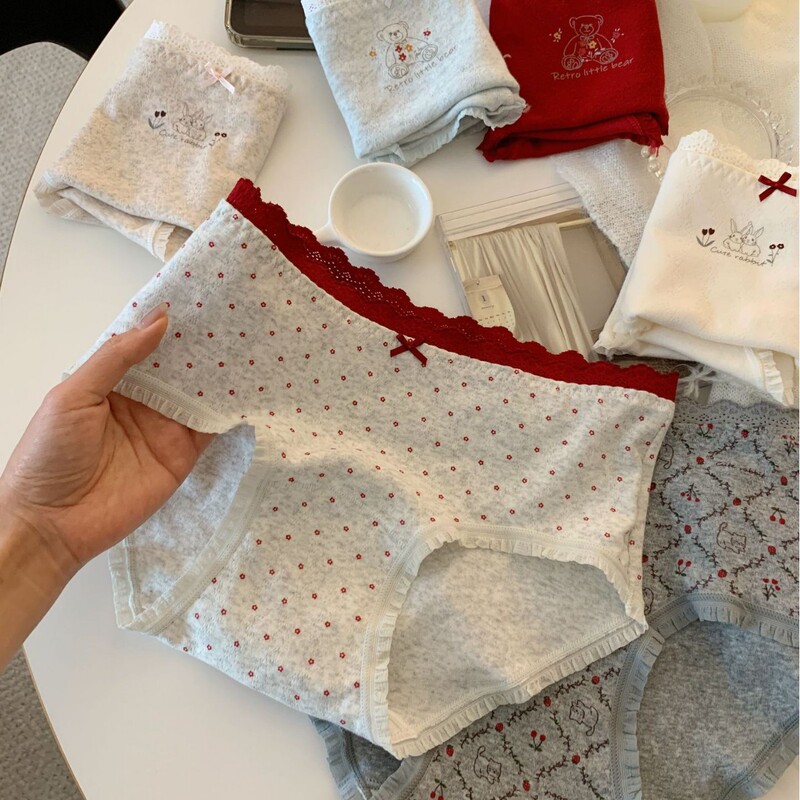 Cream Dream Sweet Lace Trim Pure Cotton Underwear Polka Dot Comfortable Girl's Extended Cotton Briefs Mid-Waist