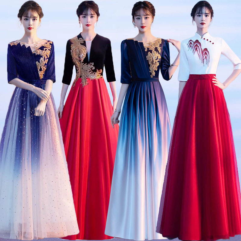 Chorus Performance Costumes, Women's Long Skirts, Adult Middle-Aged and Elderly Students' Poetry Recitation Costumes, Red Song Choir Dresses