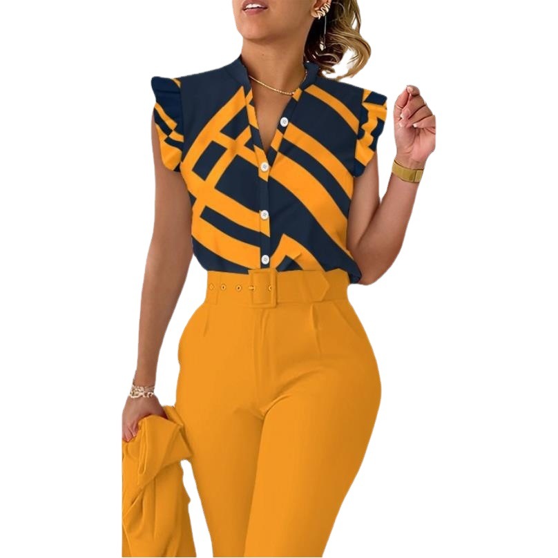 2023 estación independiente AliExpress Amazon popular verano con cuello en V botón pétalo manga camisa impresa para las mujeres