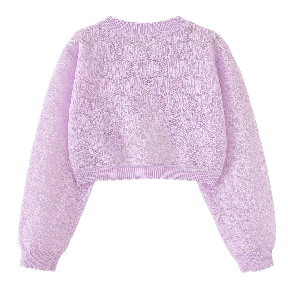 Mother & Kids Flower Hollow One Button Girls Knitted Cardigan Coat Girls' Floral Lace Single Button Knit Cardigan Sun Protection Thin Sweater Shawl_voghion.com