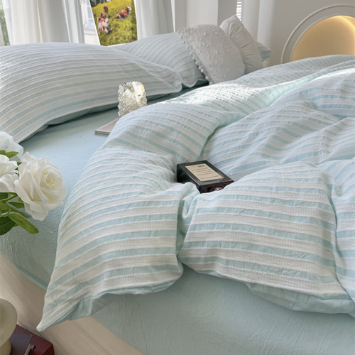 Small fresh seersucker 100 washed cotton bed four-piece set ins style bed sheet quilt cover dormitory three-piece bedding set