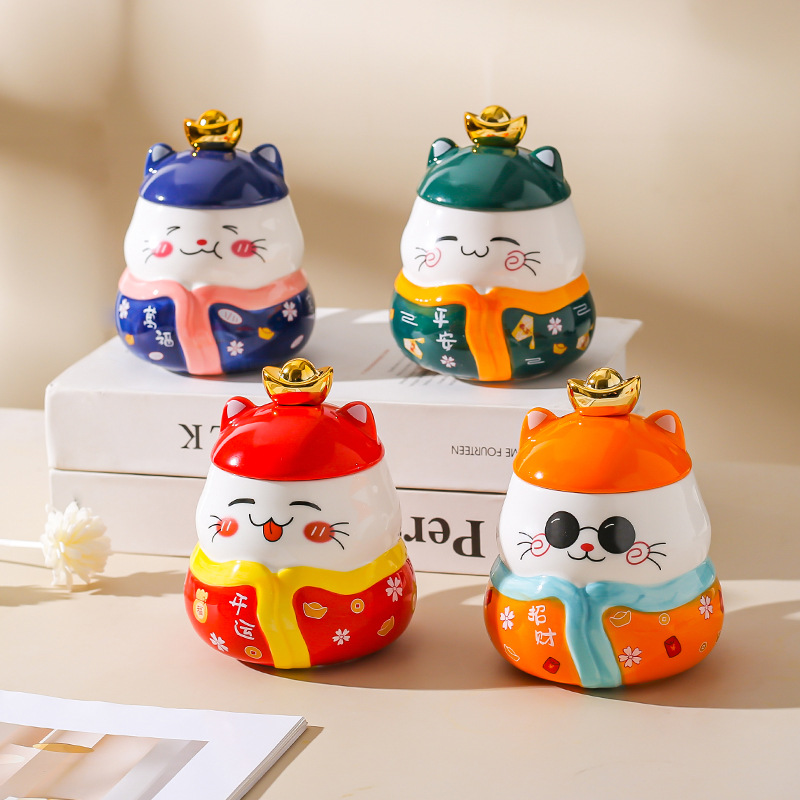 Taza de cerámica de estilo japonés creativo gato afortunado taza de dibujos animados lindo taza de agua de pareja con tapa cuchara taza de café de regalo