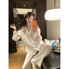 跨境专供外贸女士新品韩系简约舒适花边睡衣套装家居服长袖长裤女