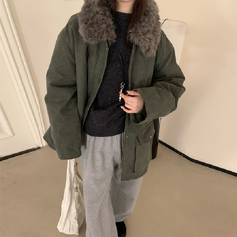 In-Stock Korean Style 2025 Winter New Retro Workwear Style Turn-Down Collar Drawstring Waist Slimming Zipper down Jacket for Women