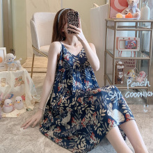 2025新款棉绸睡裙女士性感吊带长裙人造棉绸印花宽松家居服跨境薄