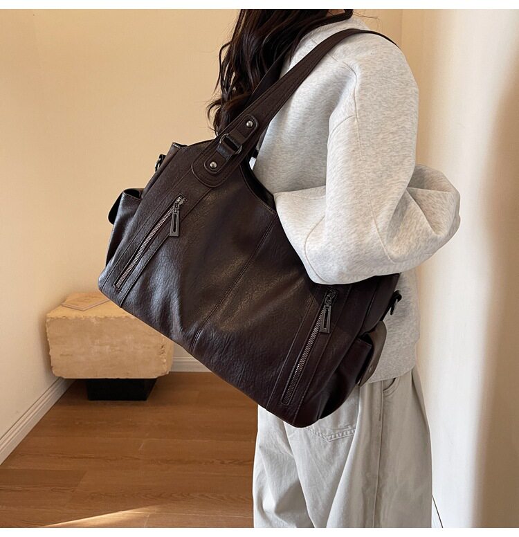 Túi tote nữ dung tích lớn đeo chéo đeo vai phong cách retro, chất liệu PU mềm — Màu cà phê, Màu nâu, Màu đen chi tiết 24