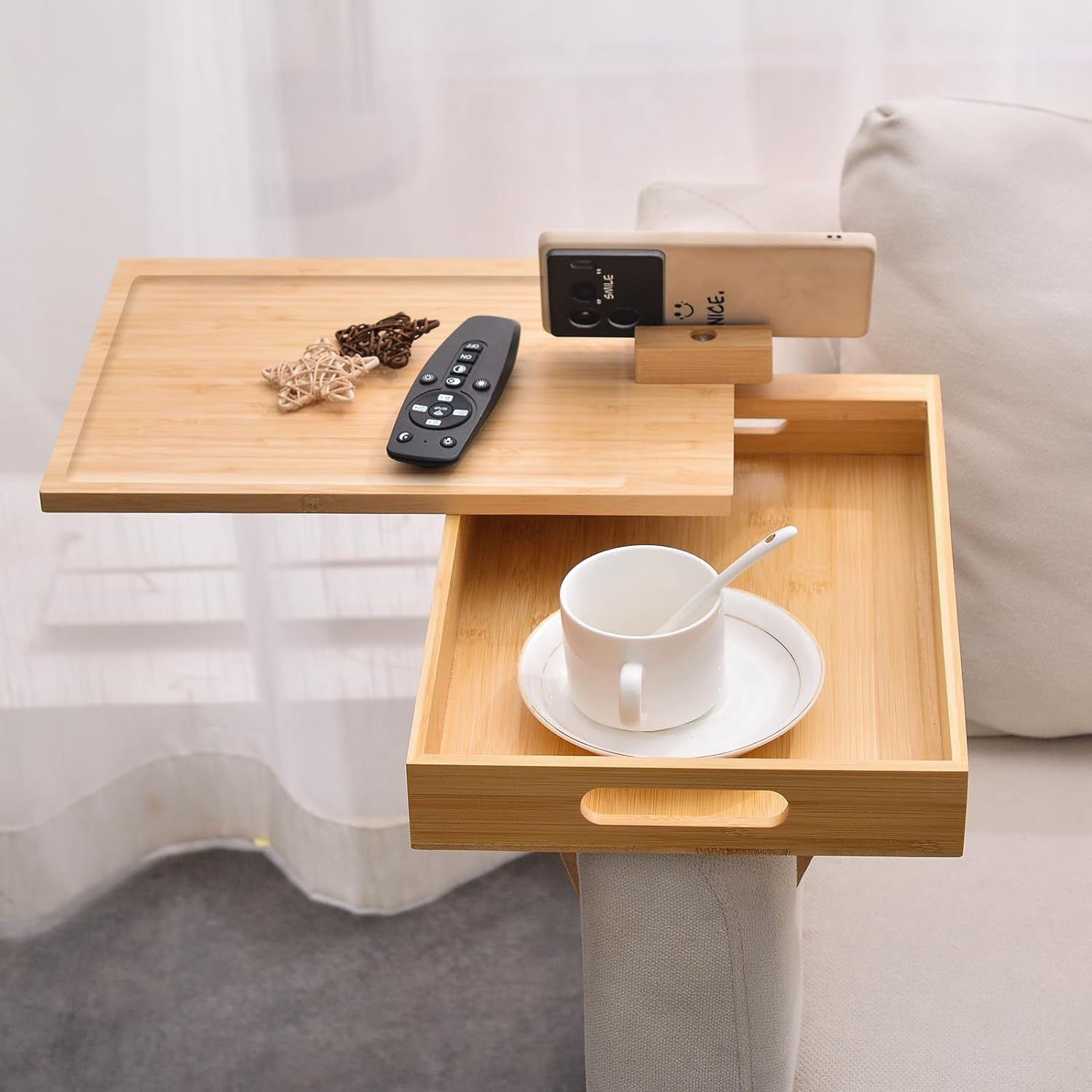 Bamboo Double Layer Sofa Armrest Tray Rotatable Snack Beverage Mobile Phone Remote Control Storage Box Sofa Arm Clip
