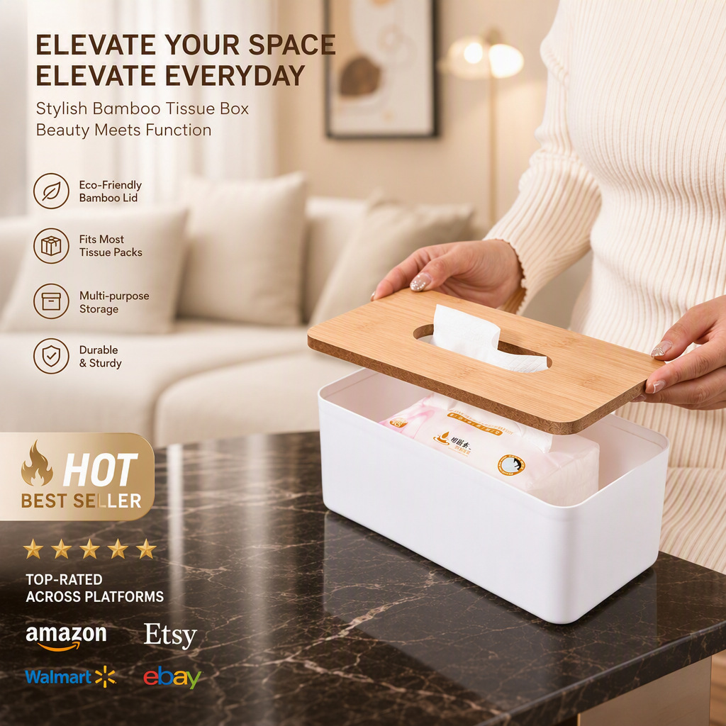 Modern Minimalist Bamboo Cover Tissue Box, Living Room and Bathroom Countertop Tissue Box, High-End Napkin Storage Box
