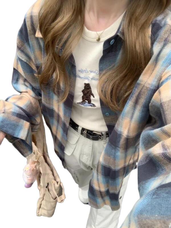 美式复古撞色格子衬衫早春外套女2025新款感宽松长袖衬衣上衣百搭|undefined