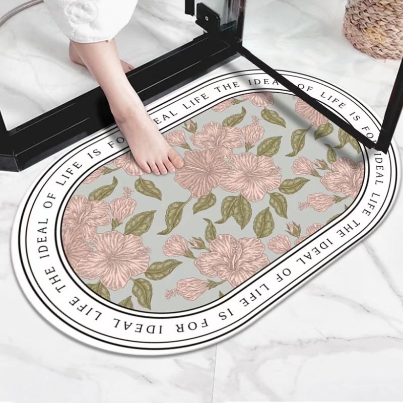 Pastoral al por mayor de flores y plantas de barro de diatomeas estera suave estera absorbente alfombra de baño ovalada alfombra de piso antideslizante alfombra de puerta absorbente