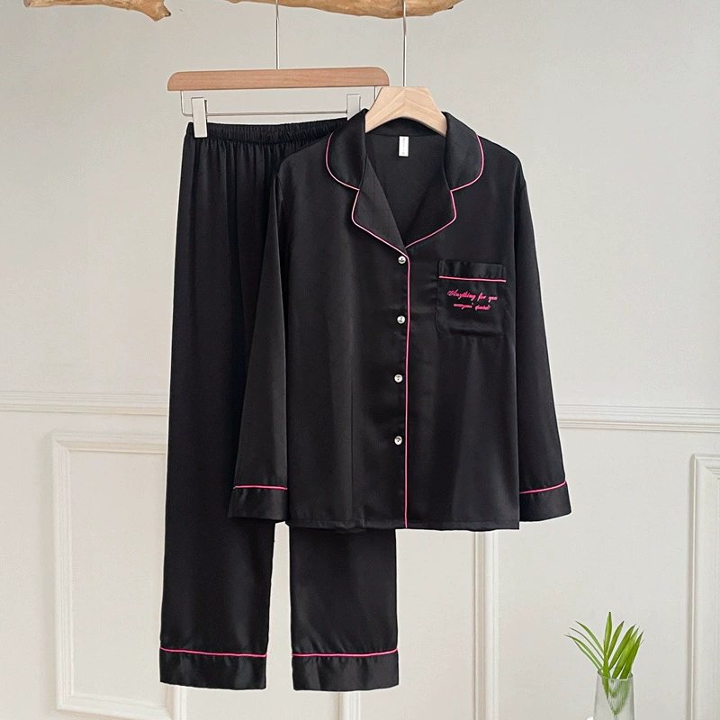 Водяной шелк пижама женский летний черный жаккардовый костюм домашний костюм с длинными рукавами тонкий ледяной шелк новый премиум-смысл