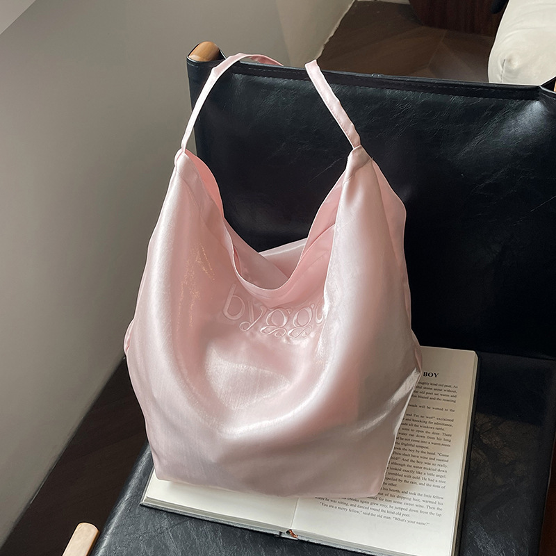 South Korea New Silk Double-Sided Tote Bag Women's 2024 Niche Design Shoulder Bag Ins Casual Commuter Bucket Bag