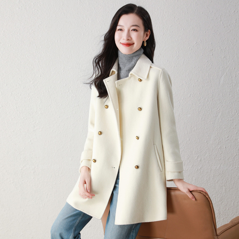 가을과 겨울 여자 울 코트 중간 길이 슬림 핏 더블 브레스트 100 양모 양면 수제 코트 5539