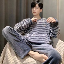条纹珊瑚绒圆领睡衣男士冬季休闲可外穿青少年加厚保暖套装家居服