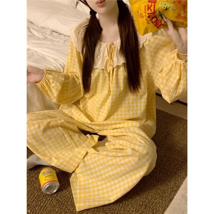 春秋天新款睡衣女长袖宽松慵懒云朵棉家居服花边学生甜美套装跨境|undefined