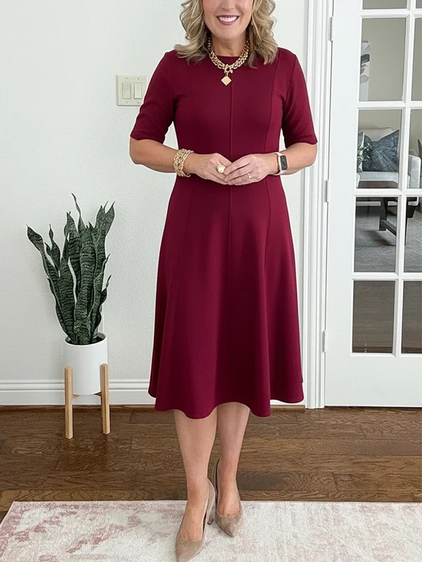 "2026 New Spring/Summer Short-Sleeve Slim-Fit Round-Neck Solid Color Dress, Elegant Women's Dress"_ecoleips.com