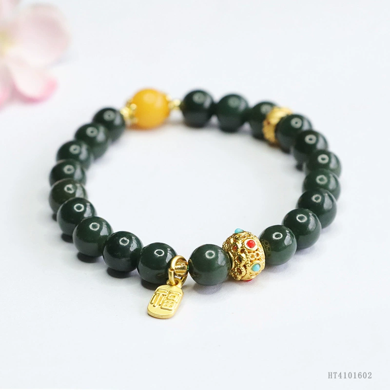 Yiyu Natural Hetian Jade Tower Зеленая рука, черная сапфир, медовый воск браслет, новый китайский стиль оптовая продажа HT4101602