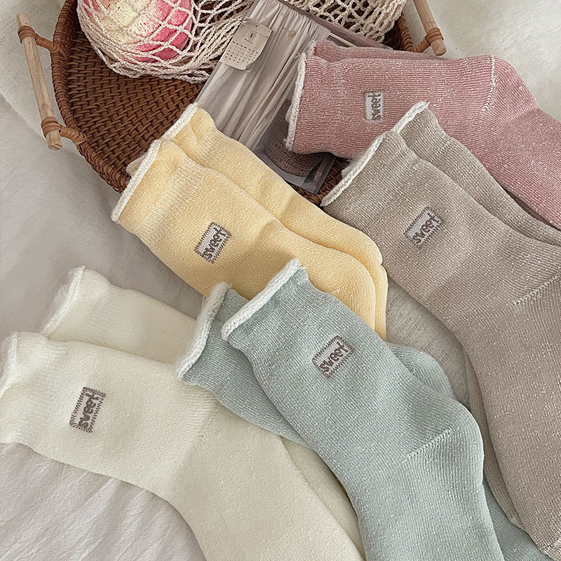 Kışın sıcak çoraplar işlemeli çoraplar artı kadife kalın taban çorapları düz renk fırçalanmış çoraplar kışlık kalınlaştırılmış kadın çorapları_voghion.com