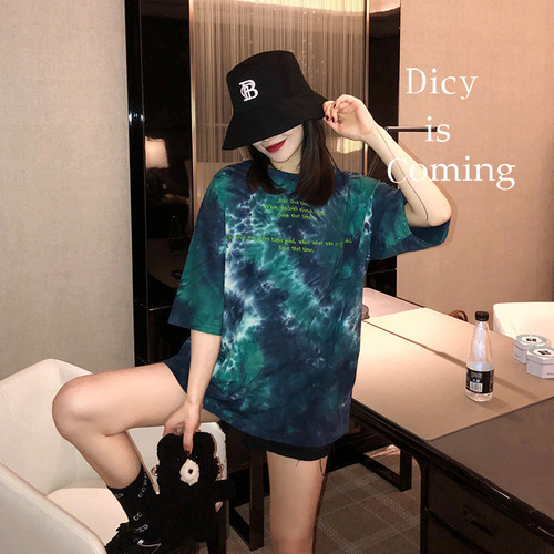 Foreign trade loose Harajuku style tie-dye bf top summer ins trendy Hong Kong style super hot Cec short-sleeved women T-shirts students and women trendy