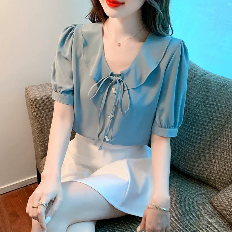 Простой элегантный рукав пузырь сладкий шнуровка с V-образным вырезом дизайн рубашка 2024 лето новый шифоновая рубашка топ женский