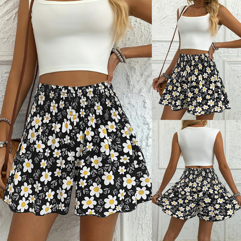 2025 Amazon Cross-border Foreign Trade Flower Printed Culottes Women's Summer Fashion Comfortable Outer Wear Beach Shorts Pants