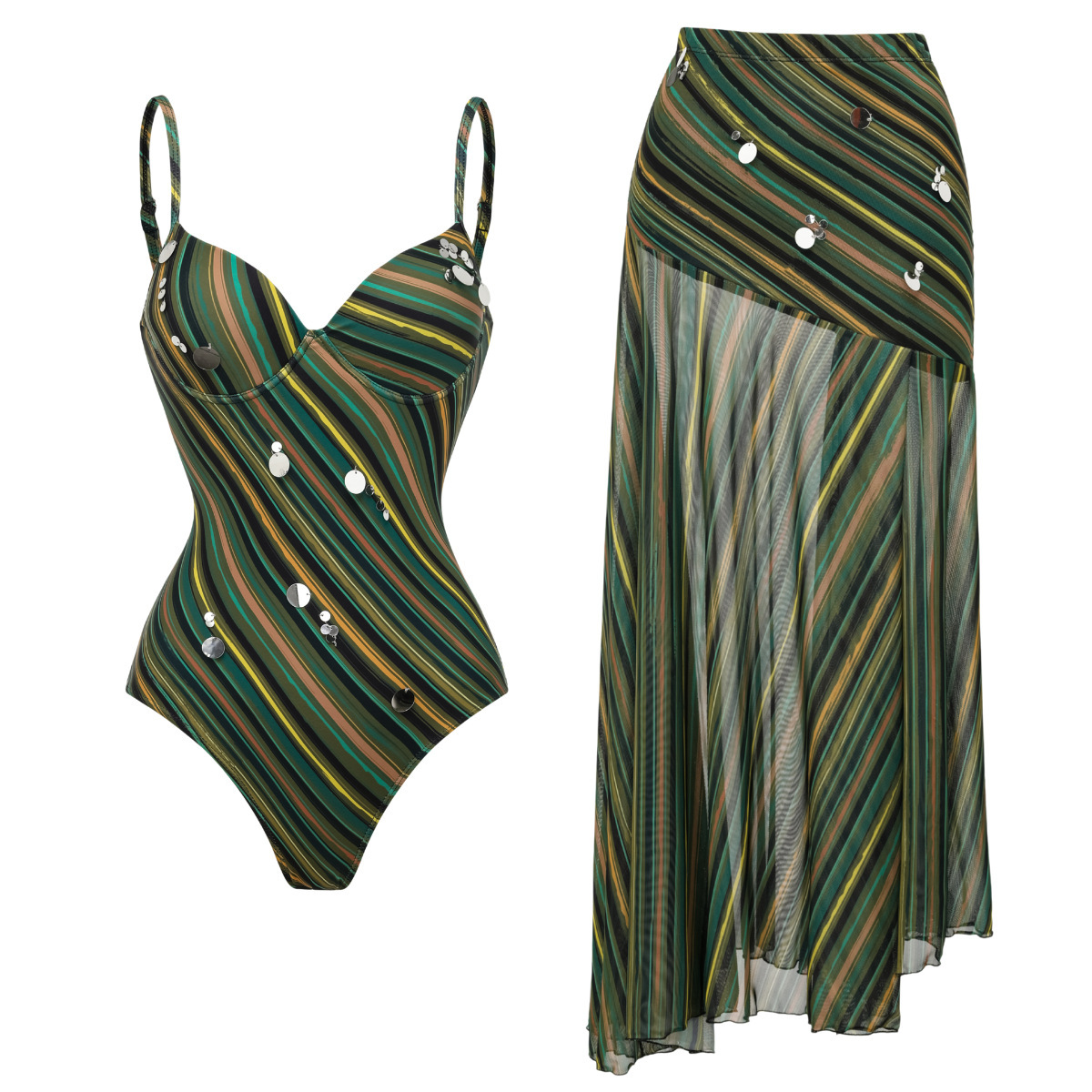 Women's Color Blocking Striped Sequin One Piece Swimsuit European American Style For Beach Set_voghion.com