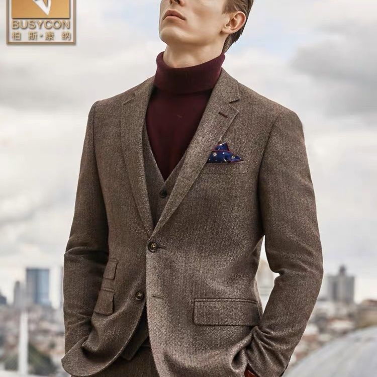 Brown Wool Suit Italian Retro Tweed Three-Piece British Style Slim Suit Casual Jacket