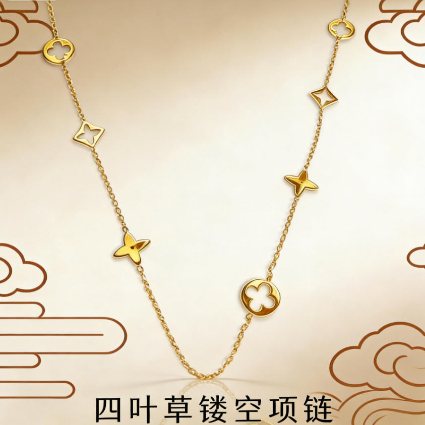 跨境简约时尚镂空项饰四叶草毛衣链钛钢女锁骨链百搭高级感项链
