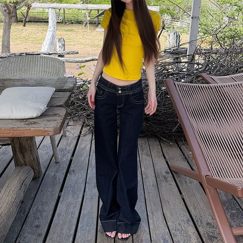Hot girl elastic low-waist design jeans for women, 2026 new model, petite double-button loose slimming flared long pants Hot girl elastic low-waist design jeans for women, 2026 new model, petite double-button loose slimming flared long pants