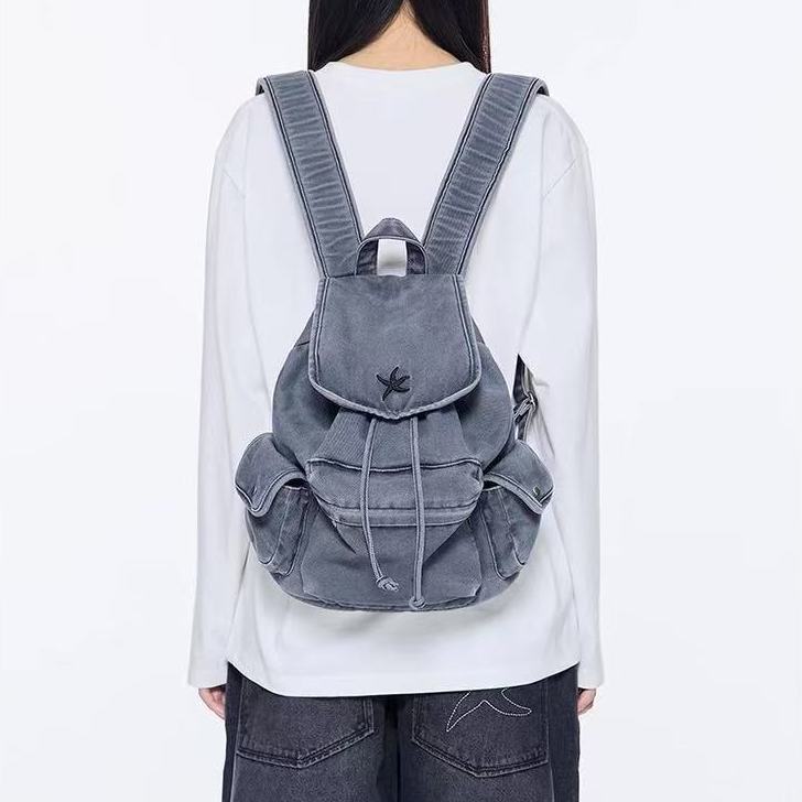 TYGA 한국 오래 된 데님 배낭 불가사리 멀티 포켓 캐주얼 배낭 대용량 학생 Schoolbag