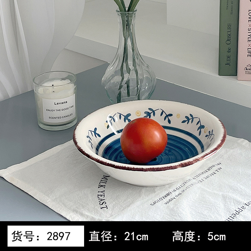 8英寸浅黄色釉下彩植物花卉图案北欧风格汤盘陶瓷餐具 8英寸汤B&|undefined